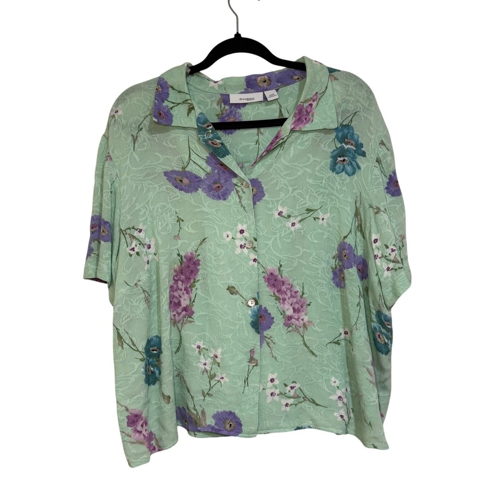 Dressbarn Woman Floral Blouse 20W‎ Mint Green Cottagecore Button Front Top